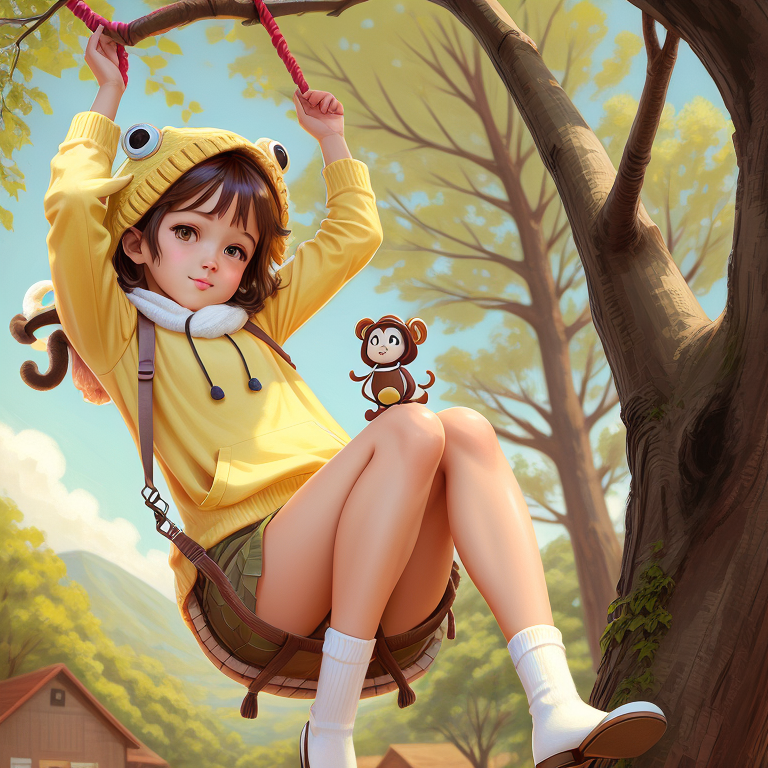 00011-347660624-3656-A mischievous monkey in a bright yellow ois hat with a pair of frog eyes BREAK, swinging from a tree, its feet wrapping around a.png